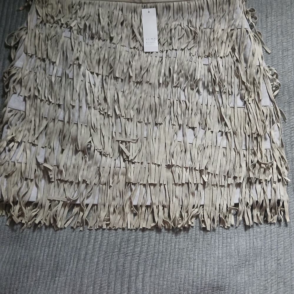 White House Black Market Layered Fringe Mini Skirt in Cream